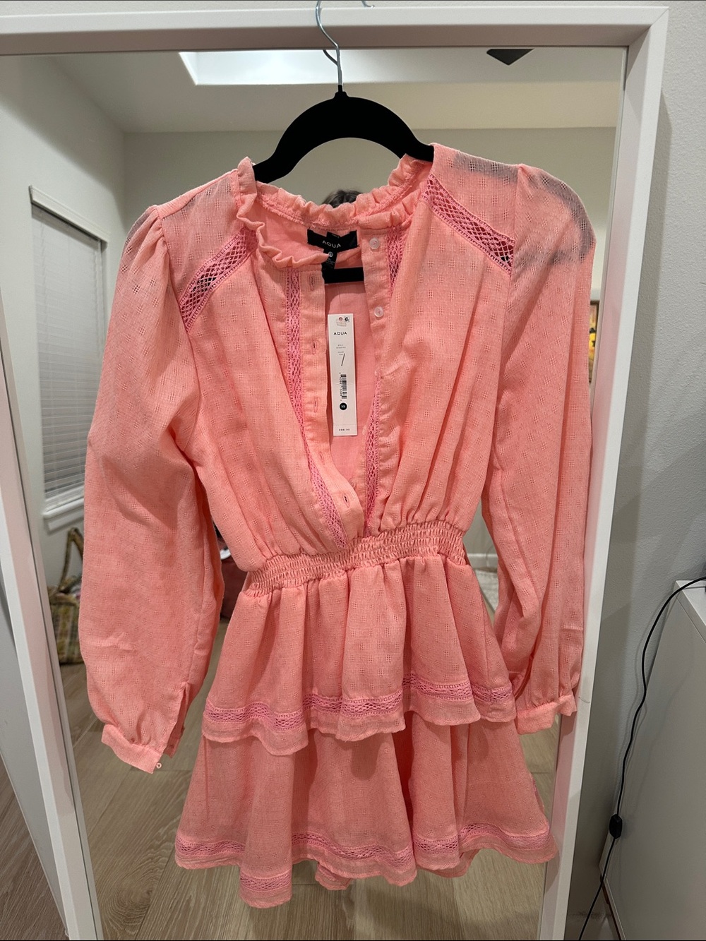 Aqua Coral Pink Long-Sleeve Mini Dress with Tiered Ruffle Skirt